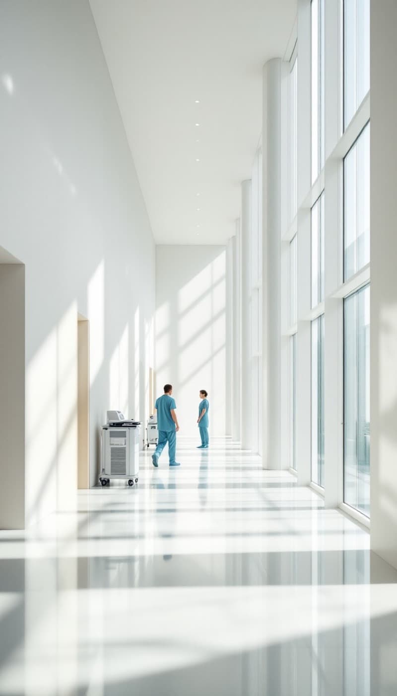 Corredor iluminado de hospital com equipe de saúde